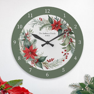 Relógio Grande Verde Natal com Poinsettias Vermelhas Personalizad