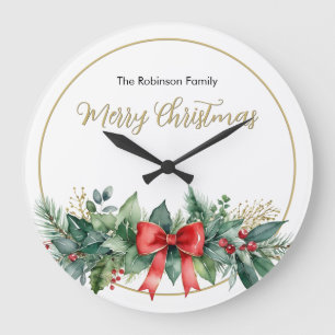 Relógio Grande Verdura Festiva Fita Vermelha Natal Elegante