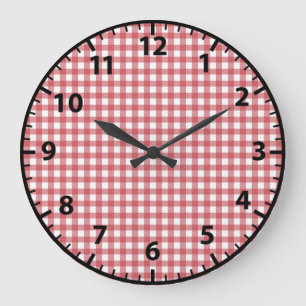 Relógio Grande Vermelho e Branco Anos 50 Retro Gingham Shabby Chi