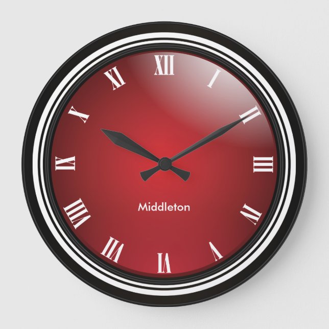 Relógio Grande Vermelho profundo, preto e branco com números roma (Frente)
