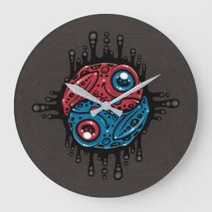 Relógio Grande Vermelho Vibrante e Sapo Veneno Azul Yin Yang