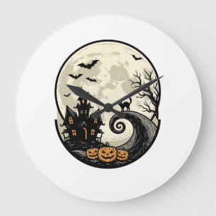 Relógio Grande Vetor de Casa Assombrada Gato de Halloween Vintage