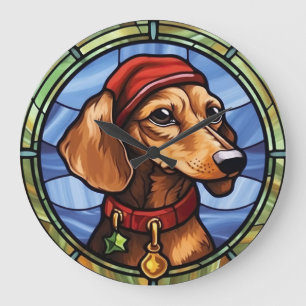 Relógio Grande Vidro Manchado de Natal Dachshund