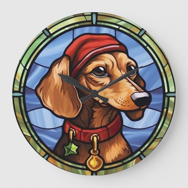 Relógio Grande Vidro Manchado de Natal Dachshund (Frente)