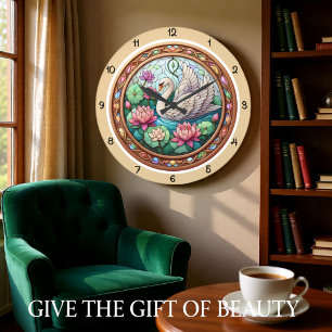 Relógio Grande Vidro Manchado Sereno Cisne Lótus