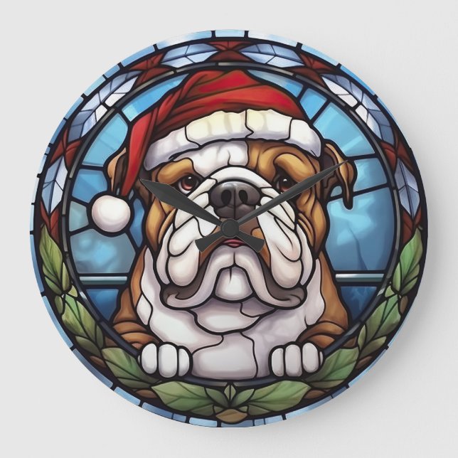 Relógio Grande Vidro Pintado de Natal Bulldog (Frente)