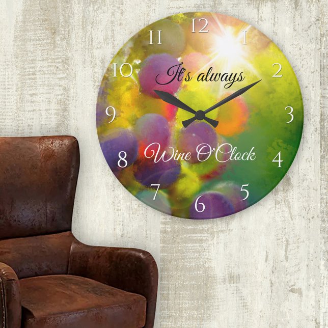 Relógio Grande Vinhas Coloridas De Arte Moderna Vidraças Videiras (Wine lover artistic wall clock featuring a painting of colorful grapes in the sun)