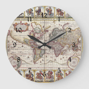 Relógio Grande Vintage Antique Velho Mapa do Mundo Design Impress