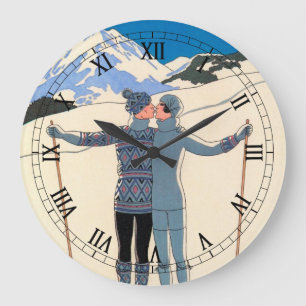 Relógio Grande Vintage Art Deco, Amantes na neve de George Barbie