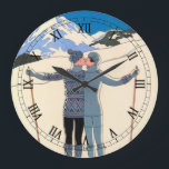 Relógio Grande Vintage Art Deco, Amantes na neve por George Barbi<br><div class="desc">Ilustração Vintage arte deco love and romance design apresentando um homem e uma mulher beijando nas encostas de esqui de um belo resort. Um jovem casal de beijo de férias em uma montanha coberta de neve no inverno. L'Hiver (também conhecido por Winter: Lovers in the Snow), do artista George Barbier,...</div>