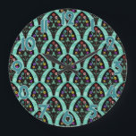 Relógio Grande Vintage Art Deco Flower Fan Mosaic<br><div class="desc">A vintage, art deco inspired fan shaped pattern with colorful flowers on black with a mint green, faintly geometric background. Inspired by the roaring twenties / Gatsby. A classic, pretty, modern floral design for anyone who likes the 20's / an antique feel. Clock numbers are blue-green with a white outline....</div>
