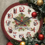 Relógio Grande Vintage Doze Dias de Natal<br><div class="desc">Design de férias fantasiosas e festivas com elementos tradicionais da música clássica de feriado que faz fronteira com um antigo rosto de relógio com mãos de relógio,  holly e faixa de título no centro. O fundo e o verso estão em apuros.</div>