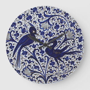 Relógio Grande Vintage - Estilo Italiano Azul - Pássaros Dourados