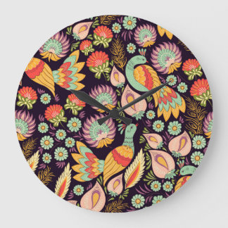 Relógio Grande Vintage Folk Floral Birds Ornament