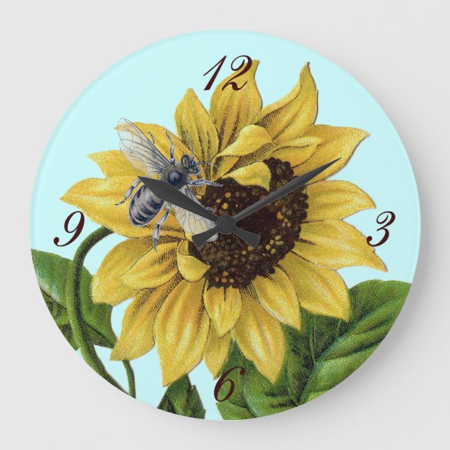 Relógio Grande Vintage French Country Sunflower Honey Bee (Frente)