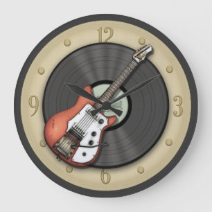 Relógio Grande Vintage Guitar e Vinyl Record Wall Clock