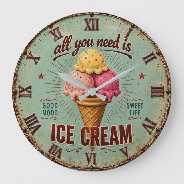 Relógio Grande Vintage Ice Cream Retro Kitchen  (Frente)