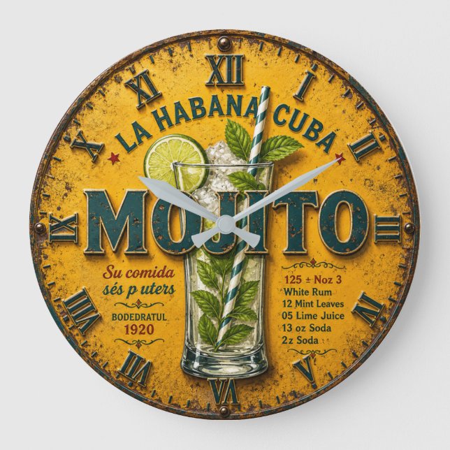 Relógio Grande Vintage Mojito Cuban Cocktail Kitchen (Frente)