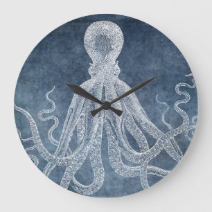Relógio Grande Vintage Octopus Twilight Blue Denim Watercolor Squ