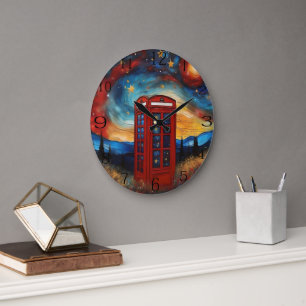 Relógio Grande Vintage Red Telephone Box Em Colorida Starry Night