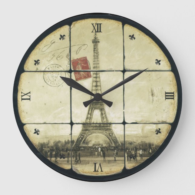 Relógio Grande Vintage Retro Eiffel Tower Fleur De Lis Design (Frente)