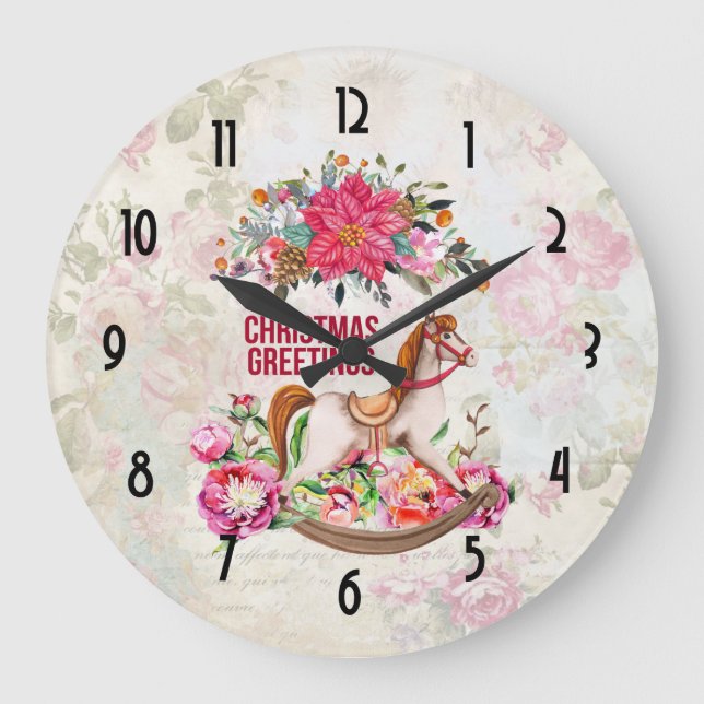 Relógio Grande Vintage Toy Rocking Horse & Poinsettias (Frente)