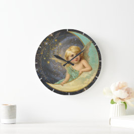 Relógio Grande Vintage Victorian Angel Collage Galaxy Blue+Dourad
