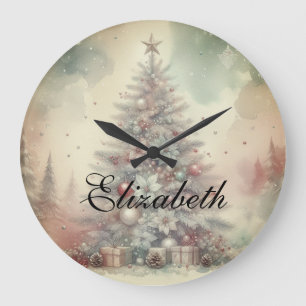 Relógio Grande Vintage Watercolor Árvore de Natal e Ornamentos