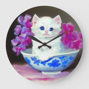 Relógio Grande Vintage White Kitten com Flores Rosa