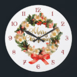 Relógio Grande Vintage Wreath and Merry Christmas Calligraphy<br><div class="desc">Vintage holiday floral wreath with bow and custom numbered dial with gold gradient "Merry Christmas" calligraphy greeting.</div>