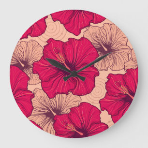 Relógio Grande Vintagem de Flores de Hibisco Desenhadas à Mão