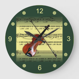 Relógio Grande Violin~Música em Folha Rolada~Fundo Dourado/Verde