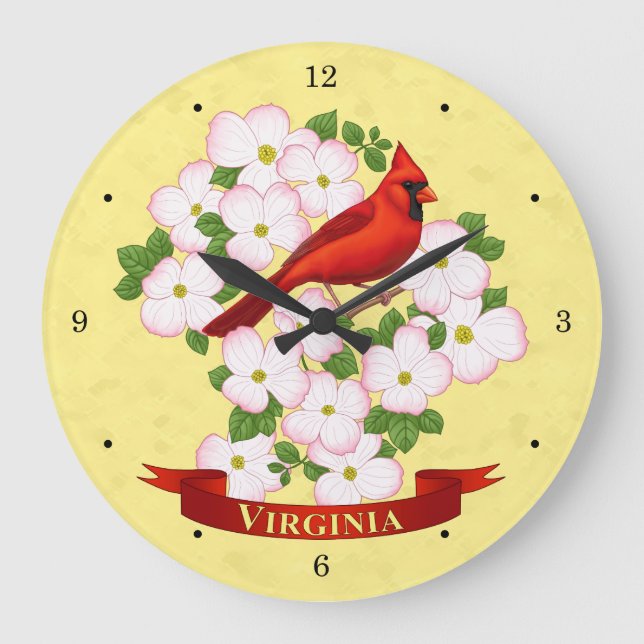 Relógio Grande Virginia State Cardinal Bird e Dogwood Flower (Frente)
