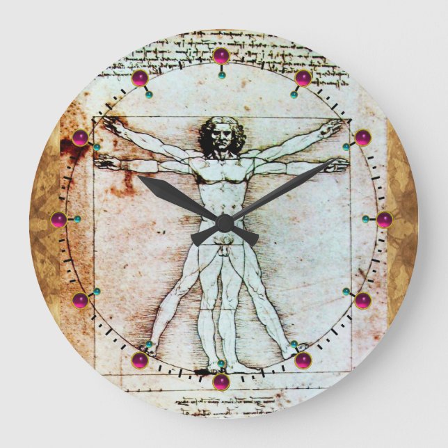 Relógio Grande VITRUVIAN MAN PAPEL Antiguo Vermelho Ruby Gemstone (Frente)