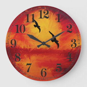 Relógio Grande Vívido Watercolor Sunset com Birds Wall Clock