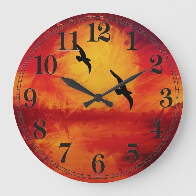 Relógio Grande Vívido Watercolor Sunset com Birds Wall Clock (Frente)