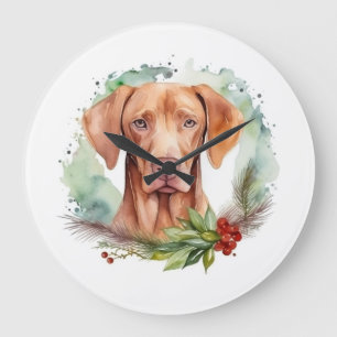 Relógio Grande Vizsla Christmas Wreath Festivo Pup