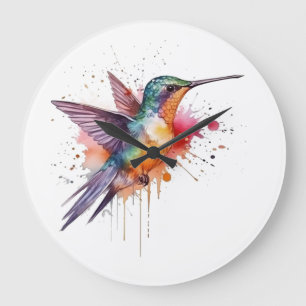 Relógio Grande Voo Colorido, beija-flor aquarela
