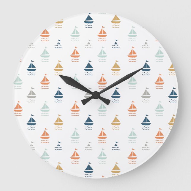Relógio Grande Wall Clock with Tiny Boats – Nautical Kids Room De (Frente)