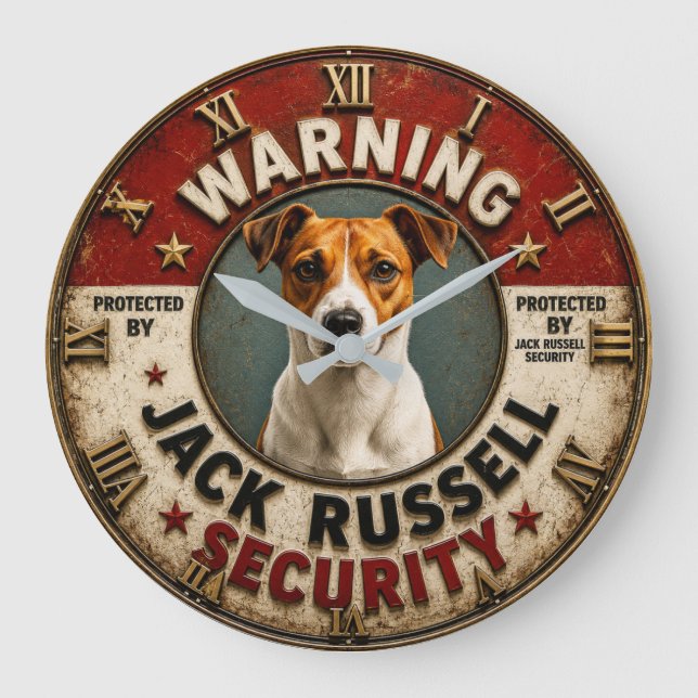 Relógio Grande Warning Protected by Jack Russell Security Funny  (Frente)