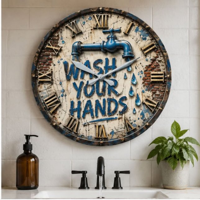 Relógio Grande Wash Your Hands Bathroom Rustic Farmhouse  (Criador carregado)