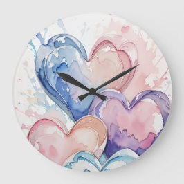 Relógio Grande Water Colour Painted Hearts