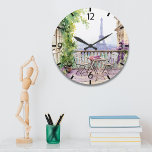 Relógio Grande Watercolor Eifel Tower Paris Café Francês<br><div class="desc">Watercolor Eifel Tower Paris Cafe Clock apresenta uma zona de assentos de café francês com aquarelas,  com Paris e a Torre Eifel em segundo plano. Criado pelo Evco Studio www.zazzle.com/store/evcostudio</div>