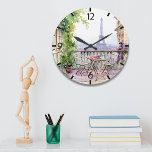 Relógio Grande Watercolor Eifel Tower Paris French Cafe<br><div class="desc">Watercolor Eifel Tower Paris French Cafe Clock features a watercolor french cafe seating area with Paris and the Eifel Tower in the background. Created by Evco Studio www.zazzle.com/store/evcostudio</div>