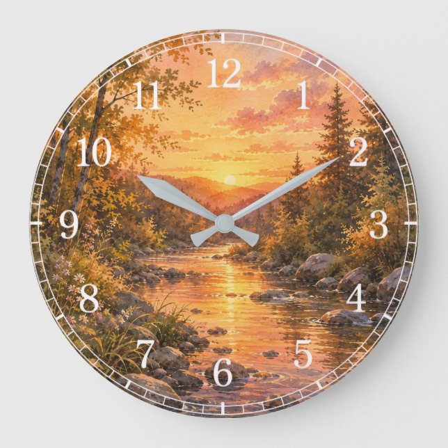 Relógio Grande Watercolor Stream Wall Clock — Nature-Inspired Des (Frente)