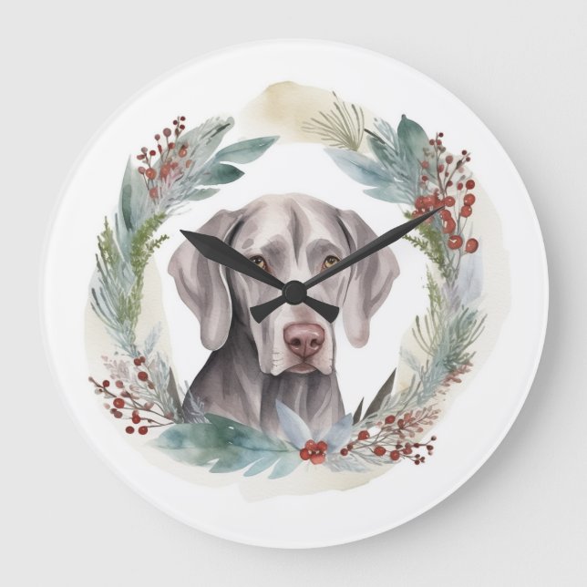 Relógio Grande Weimaraner Christmas Wreath Festivo Pup (Frente)