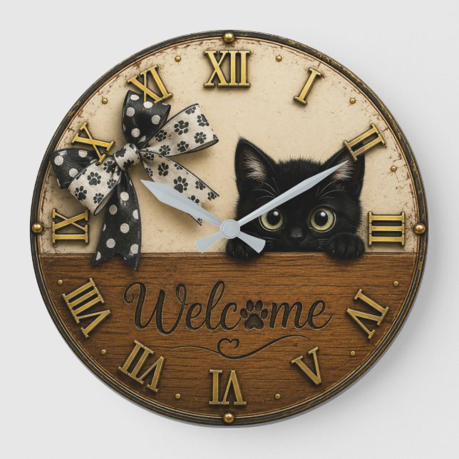 Relógio Grande Welcome Black Kitten Cute Peeking Cat (Frente)