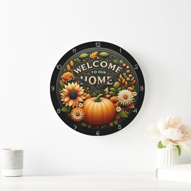 Relógio Grande Welcome Home Floral Pumpkin Autumn (Lar)