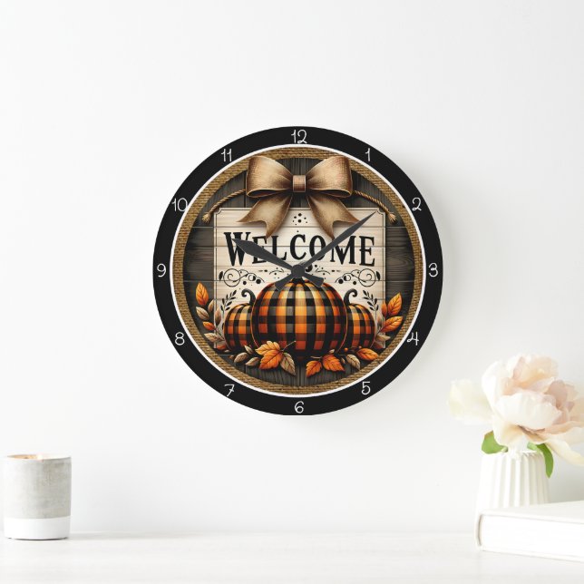 Relógio Grande Welcome Plaid Pumpkins (Lar)