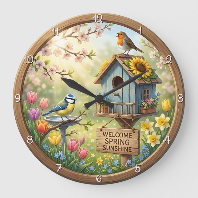 Relógio Grande Welcome Spring Sunshine Birdhouse (Frente)